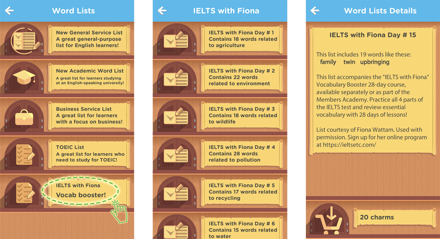 Fiona's word lists in Vocab Victor